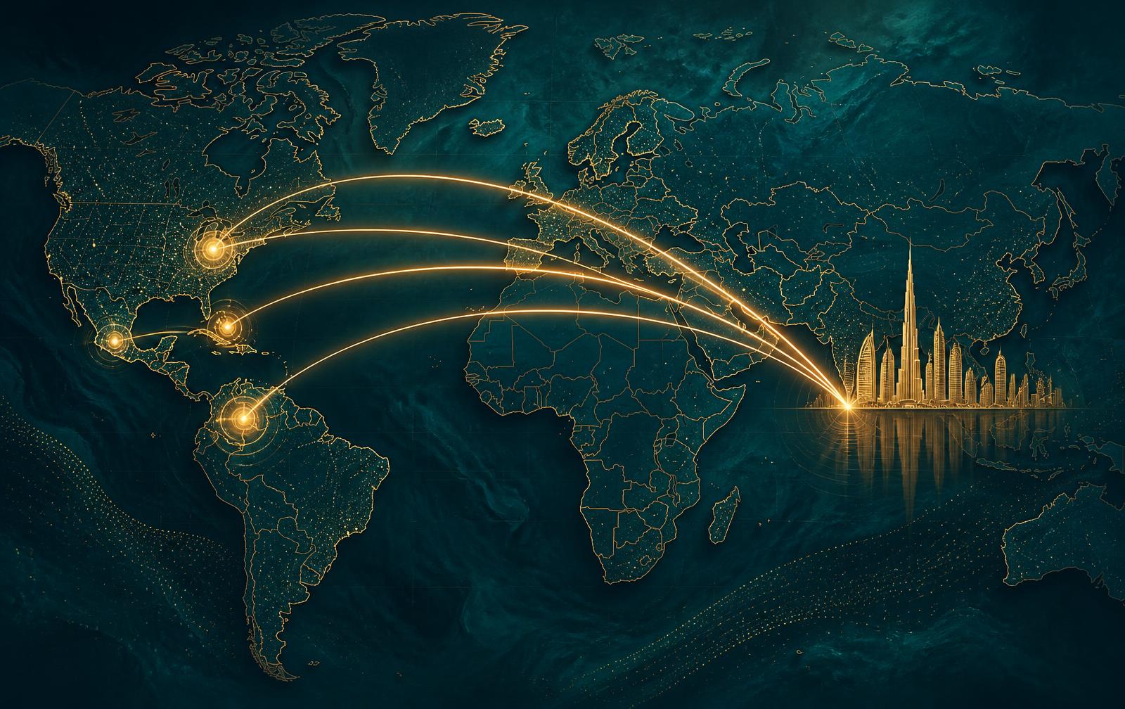 Mapa que conecta América Latina, Cuba y Estados Unidos con Dubái y el GCC